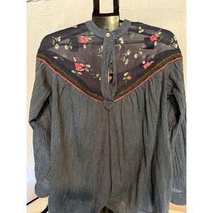 Free People Cotton Embroidered Detail Peasant Blouse - Navy and White - S
